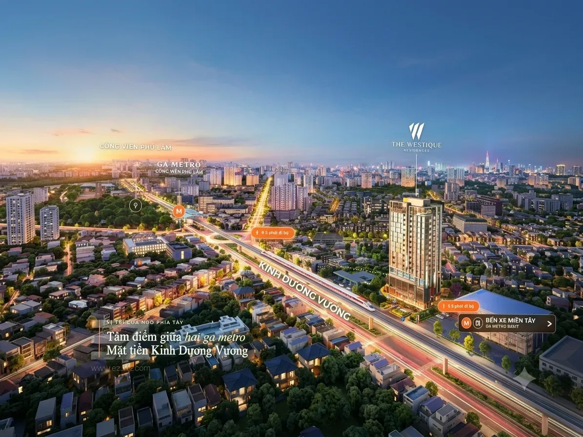 Bản đồ vị trí The Westique Residences trên trục Kinh Dương Vương gần ga metro 3A