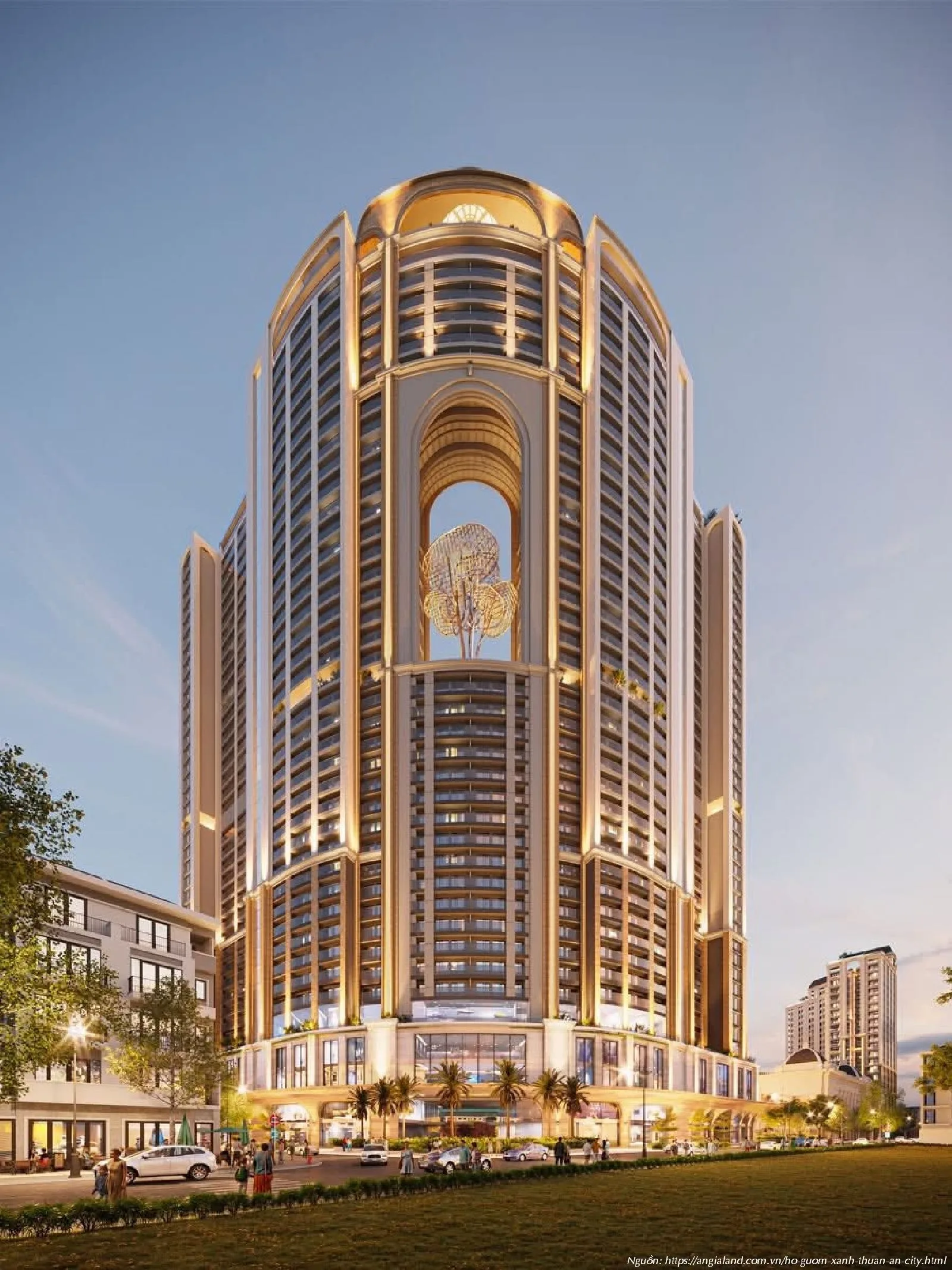 Phối cảnh cận cảnh tòa tháp căn hộ cao cấp tại dự án Hồ Gươm Xanh Thuận An City