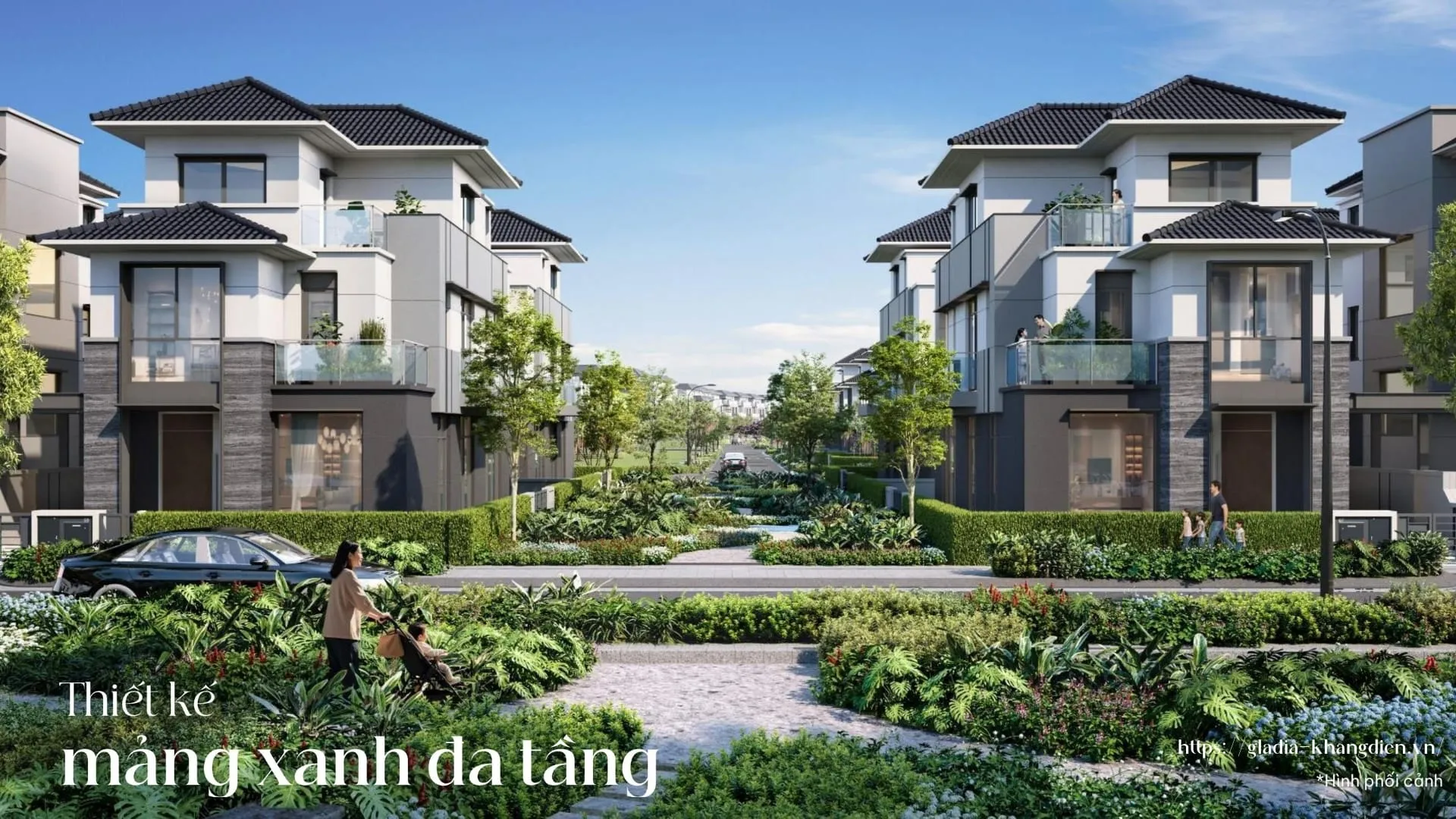 Phối cảnh dãy biệt thự thấp tầng với mảng xanh đa tầng tại khu đô thị Gladia Heights