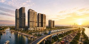 Phối cảnh khu vực Imperia Sensa Park với tuyến metro và sông bao quanh lúc hoàng hôn