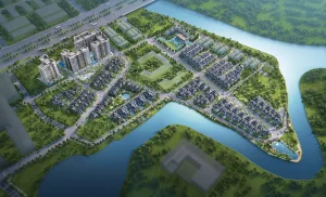 Phối cảnh tổng thể cụm đô thị Gladia Heights với các tháp căn hộ và khu biệt thự liền kề