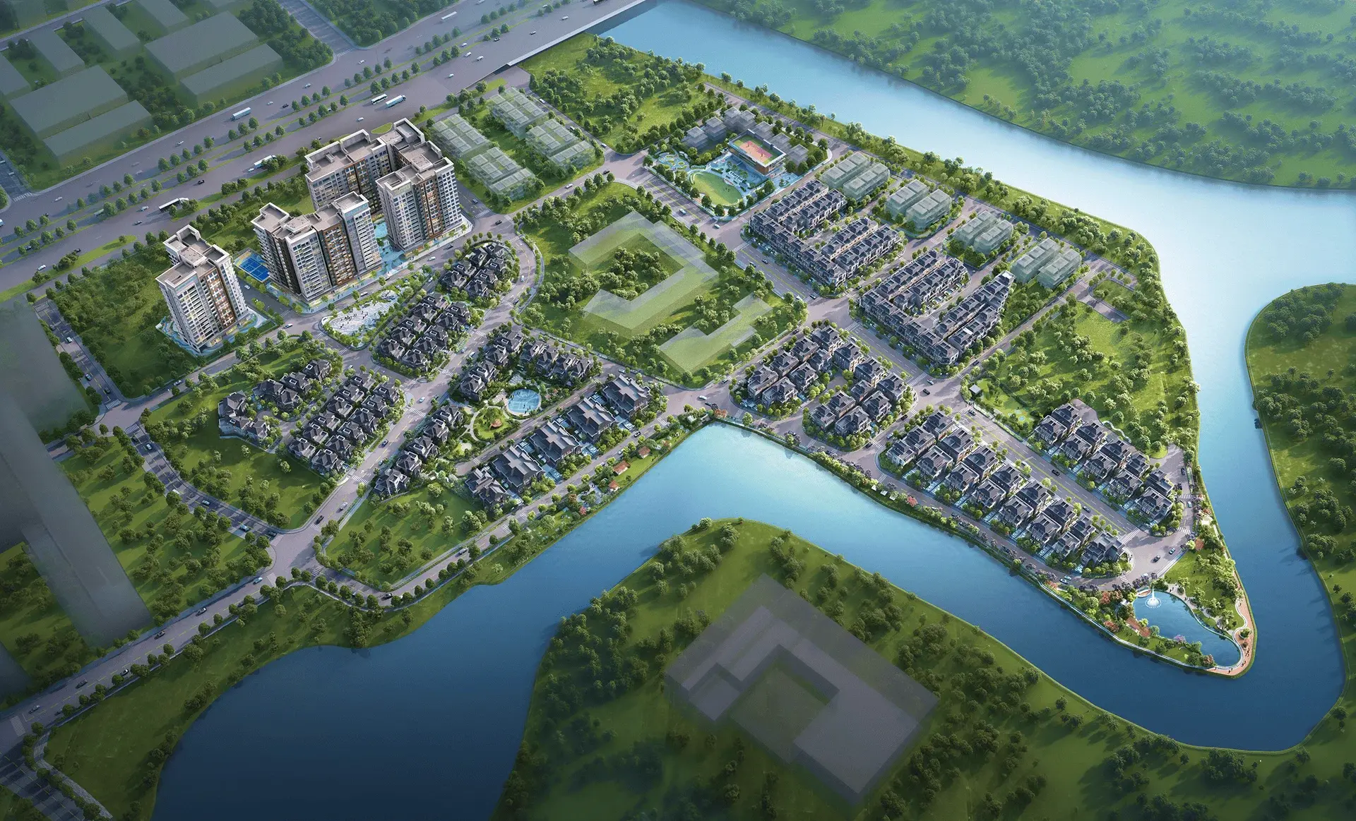 Phối cảnh tổng thể cụm đô thị Gladia Heights với các tháp căn hộ và khu biệt thự liền kề