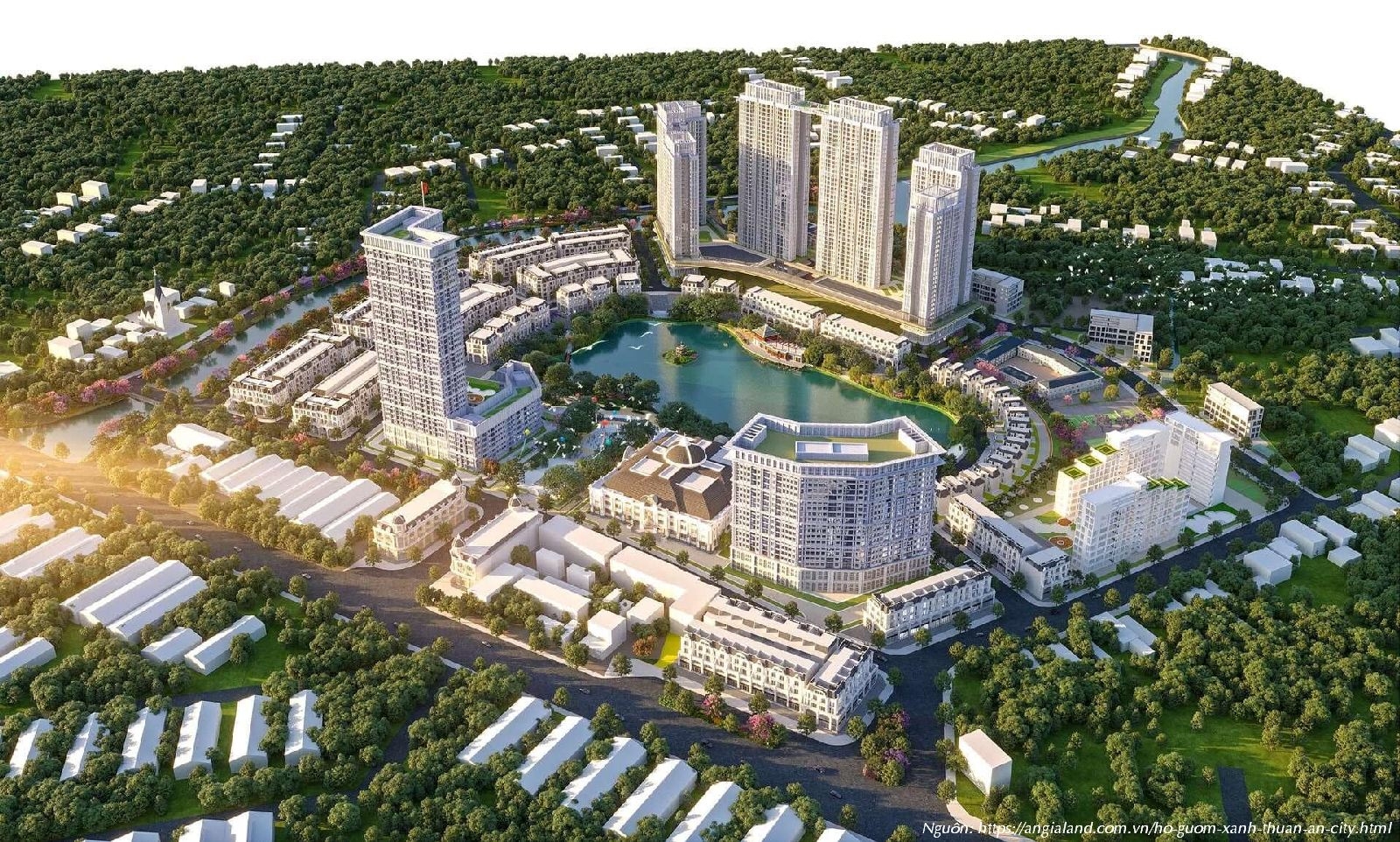 Phối cảnh tổng thể dự án Hồ Gươm Xanh Thuận An City nhìn từ trên cao ban ngày