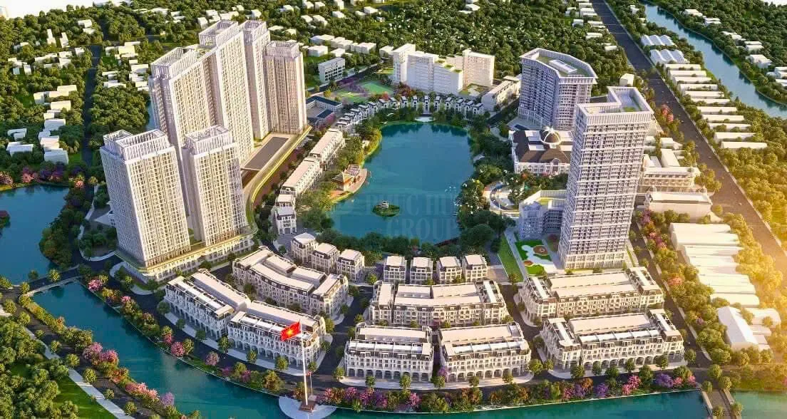Phối cảnh tổng thể dự án Hồ Gươm Xanh Thuận An City với các tòa căn hộ và nhà phố quanh hồ