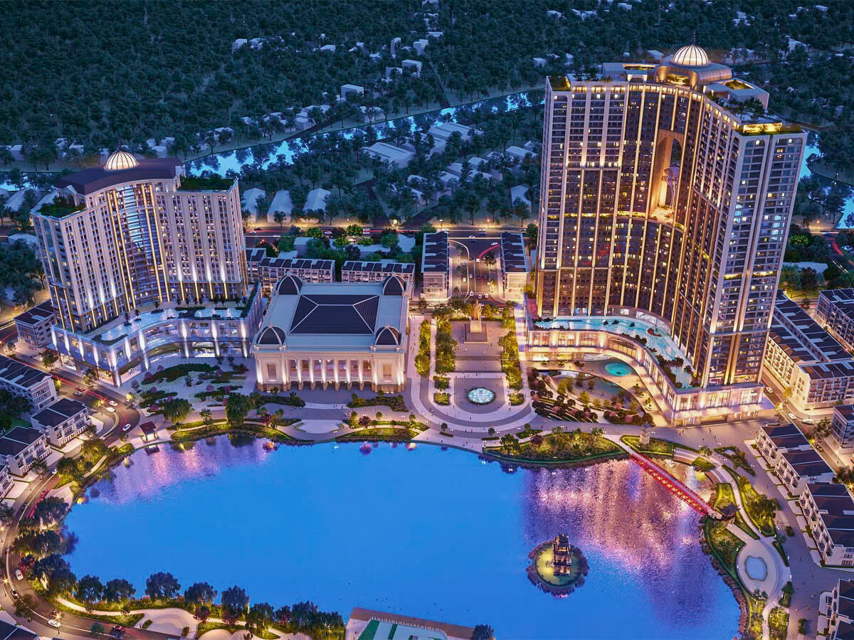 Phối cảnh về đêm hai tòa căn hộ Tràng Tiền Plaza bên hồ cảnh quan Hồ Gươm Xanh