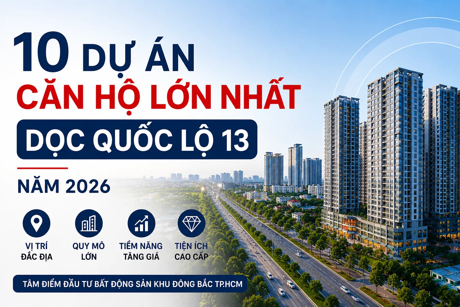 Infographic thống kê 10 dự án căn hộ lớn dọc Quốc lộ 13 năm 2026, trong đó có tham chiếu giá bán Norton Park