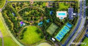Toàn cảnh công viên, hồ bơi và sân tennis nhìn từ trên cao trong một khu đô thị của Nam Long, mô hình tiện ích tương tự cũng gắn với Elyse Island